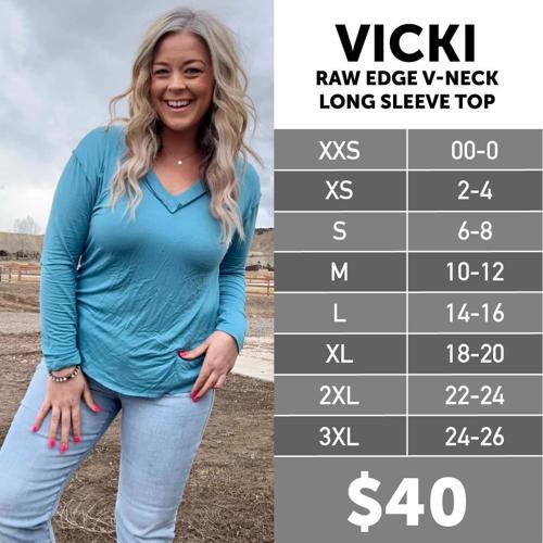 Vicki Raw Edge V-Neck Long Sleeve Top Size Chart